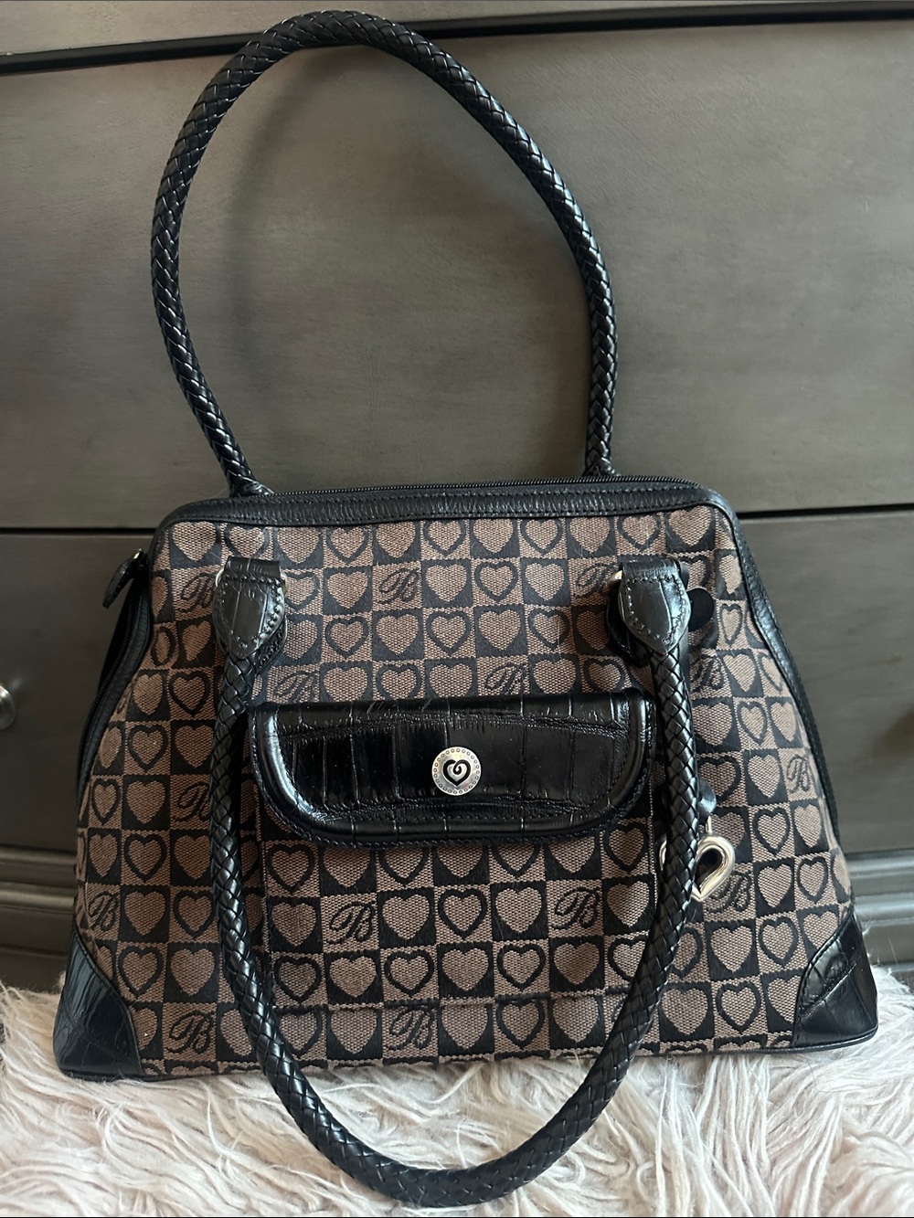 Brighton Brown Heart-Print Shoulder Bag with Black Trim
